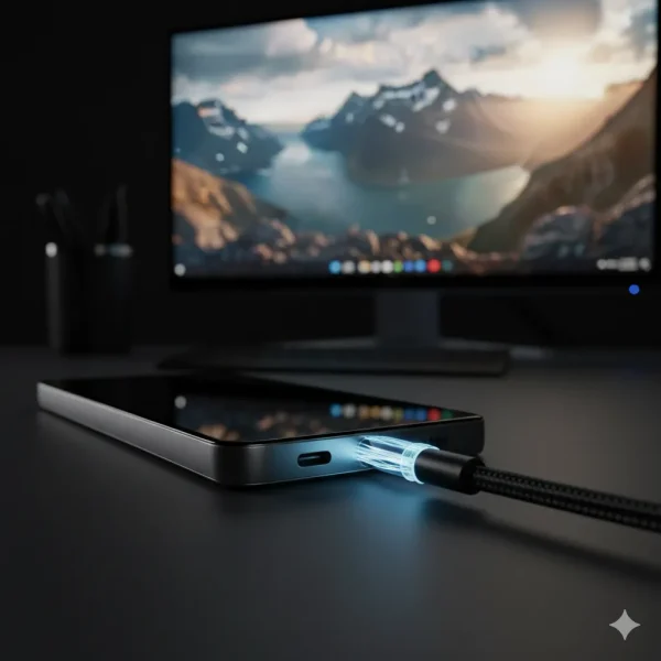 نمای ماکرو از پورت USB-C گوشی هوشمند با کابل درخشان که نشان‌دهنده انتقال سریع داده به یک مانیتور 8K است.